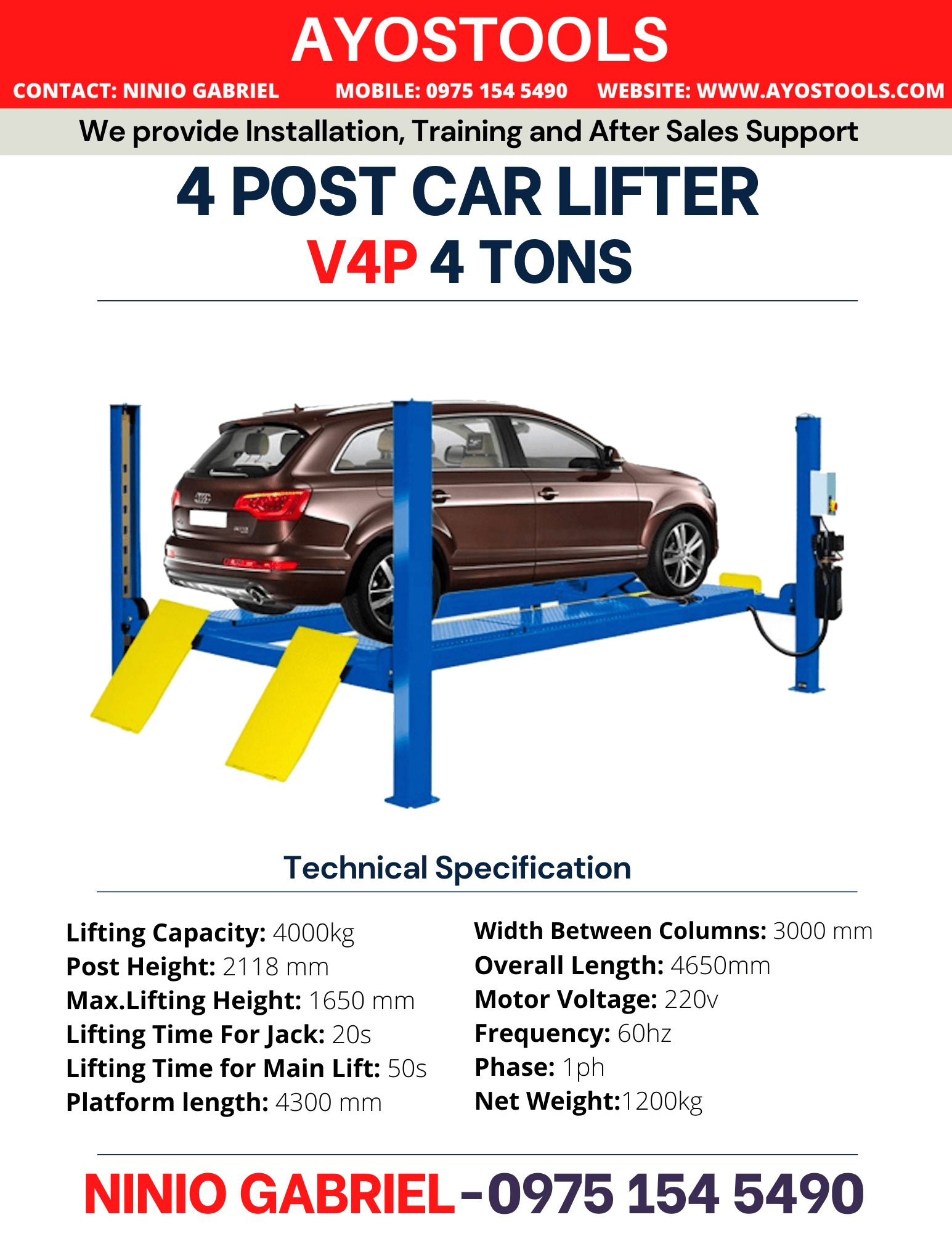 4 Tons 4 Post Car Lifter Dealer in the Philippines
