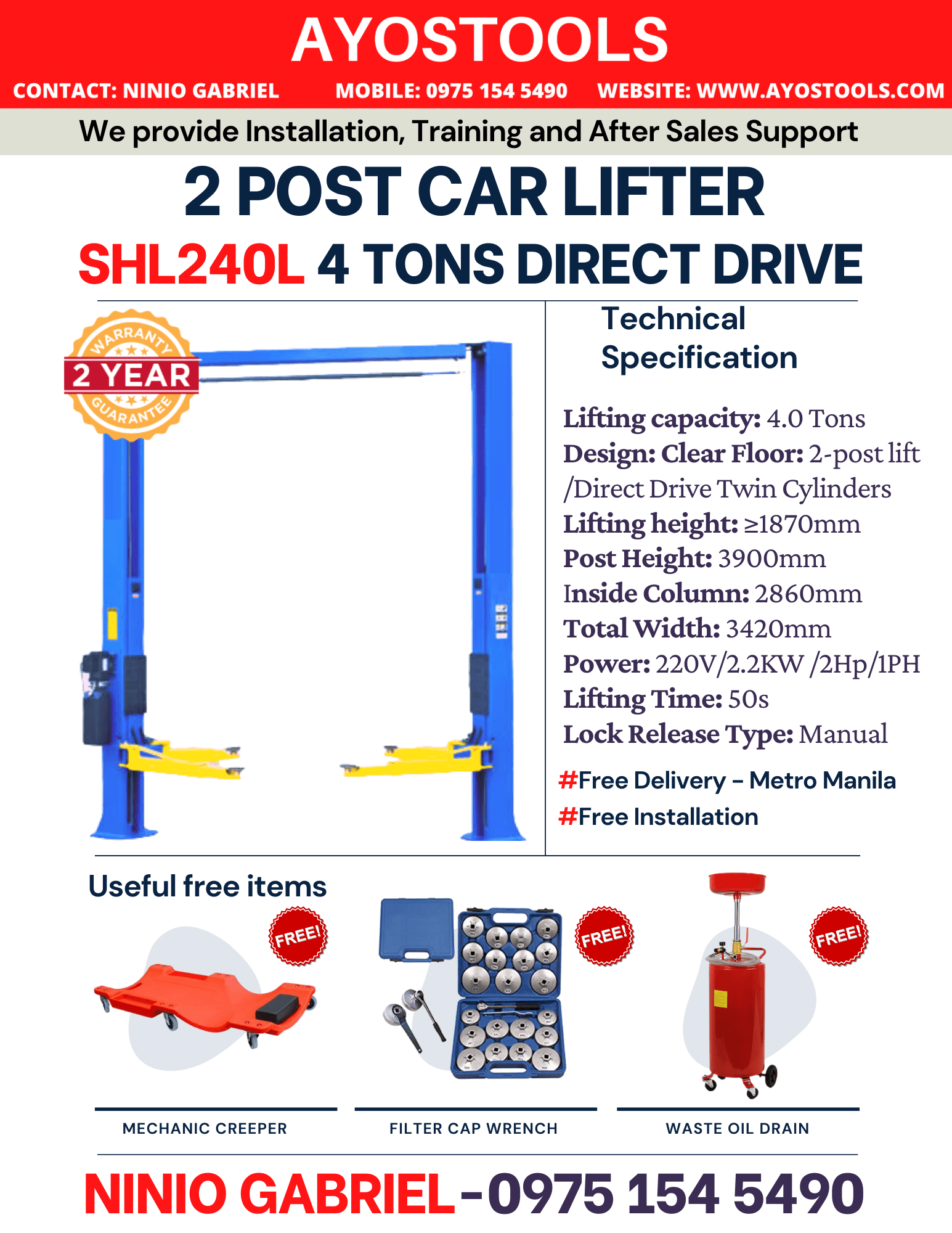 4 Tons Direct Drive 2 Post Car Lifter Dealer in the Philippines